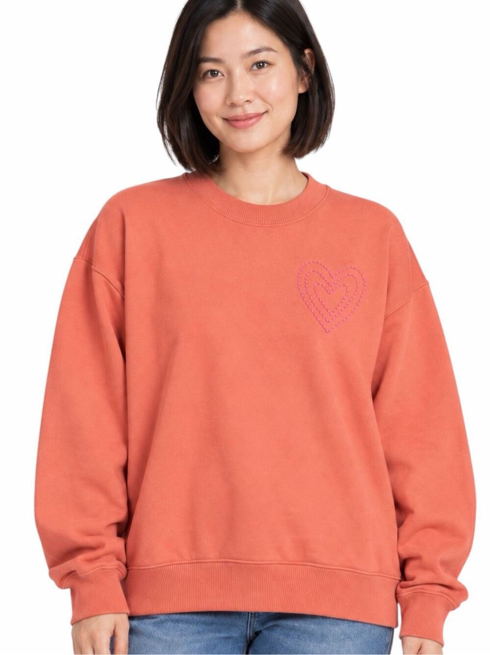 EVEREVE Lucia Heart Stitch Crew Neck Sweatshirt Coral Orange Embroidered Small